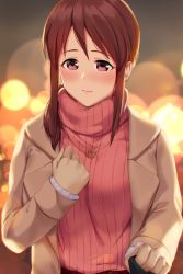 Rule 34 | 1girl, anti (0324), blush, breasts, brown coat, brown hair, clenched hands, coat, grabbing, hair over shoulder, heart, heart necklace, highres, idolmaster, idolmaster cinderella girls, lamppost, large breasts, long hair, long sleeves, looking at viewer, mifune miyu, necklace, out of frame, pink sweater, ponytail, pov, purple eyes, ribbed sweater, sidelocks, solo focus, sweater, turtleneck, turtleneck sweater, upper body