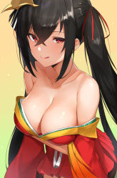 Rule 34 | 1girl, azur lane, bare shoulders, black hair, blush, breast hold, breasts, cleavage, closed mouth, collarbone, crossed bangs, gradient background, hair between eyes, hair ribbon, highres, japanese clothes, kimono, large breasts, licking lips, long hair, looking at viewer, mask, mask on head, noel (nnoelllll), off shoulder, red eyes, red kimono, red ribbon, ribbon, smile, solo, taihou (azur lane), tongue, tongue out, twintails, very long hair, wide sleeves, yellow background