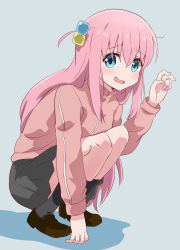 Rule 34 | 1girl, black socks, blue background, blue eyes, bocchi the rock!, brown footwear, commentary request, cube hair ornament, full body, gotoh hitori, grey skirt, hair between eyes, hair ornament, hand up, highres, jacket, loafers, long hair, long sleeves, looking at viewer, mukaibi aoi, open mouth, pink hair, pink jacket, shadow, shoes, simple background, skirt, socks, solo, squatting