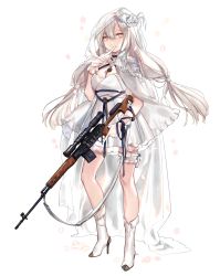 Rule 34 | 1girl, absurdres, blue ribbon, boots, breasts, bridal garter, bridal veil, cape, cleavage, commentary, dragunov svd, dress, english commentary, finger to face, full body, girls&#039; frontline, gloves, grey eyes, gun, hair between eyes, hair ornament, hairclip, high heel boots, high heels, highres, holding, holding gun, holding weapon, holster, index finger raised, large breasts, long hair, looking at viewer, low-tied long hair, petals, ribbon, rifle, shan, silver hair, simple background, smile, sniper rifle, solo, standing, strapless, strapless dress, svd (girls&#039; frontline), thigh holster, thighs, veil, very long hair, weapon, white background, white cape, white dress, white footwear, white gloves