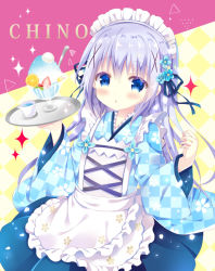 Rule 34 | 1girl, :o, alternate costume, ama usa an uniform, apron, bitter crown, blue eyes, blue kimono, blue ribbon, blue skirt, blush, character name, checkered clothes, checkered kimono, chestnut mouth, commentary request, cowboy shot, flat chest, flower, food, frilled apron, frilled hairband, frills, fruit, gochuumon wa usagi desu ka?, hair between eyes, hair flower, hair ornament, hair ribbon, hairband, holding, holding tray, japanese clothes, kafuu chino, kimono, long sleeves, looking at viewer, maid, open mouth, orange (fruit), ribbon, shaved ice, sidelocks, skirt, solo, sparkle, spoon, standing, strawberry, tray, wa maid, white apron, white hairband, wide sleeves