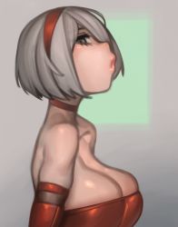 Rule 34 | 1girl, alternate costume, bare shoulders, breasts, choker, christmas, cleavage, commentary, english commentary, eyelashes, from side, gloves, green background, grey background, grey eyes, grey hair, hairband, highres, kelvin hiu, large breasts, lips, looking at viewer, nier (series), nier:automata, no blindfold, puckered lips, red choker, red gloves, red hairband, short hair, solo, strapless, two-tone background, 2b (nier:automata)