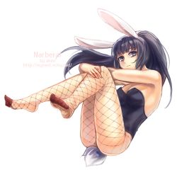 Rule 34 | 1girl, aken, animal ears, bare shoulders, black hair, breasts, cleavage, fake animal ears, feet, fishnet pantyhose, fishnets, grey eyes, leotard, long legs, narberal gamma, overlord (maruyama), pantyhose, playboy bunny, ponytail, rabbit ears, rabbit tail, simple background, solo, tail, toes