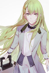 Rule 34 | 1boy, alternate costume, bishounen, bow, bowtie, csyday, enkidu (fate), fate/strange fake, fate (series), formal, green eyes, green hair, hair ornament, hairclip, long hair, male focus, smile, solo, suit, suitcase, very long hair