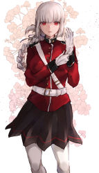 Rule 34 | 1girl, absurdres, adjusting clothes, adjusting gloves, aka ive, braid, fate/grand order, fate (series), floral background, florence nightingale (fate), gloves, highres, pantyhose, pink hair, pleated skirt, red eyes, skirt, solo, white gloves, white pantyhose