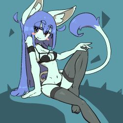 Rule 34 | 1girl, arm support, brown eyes, cat, female focus, furry, furry female, long hair, looking at viewer, navel, purple hair, simple background, sitting, solo, tail, the amboina, thighhighs