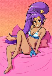 Rule 34 | 1girl, bikini, blue eyes, blue nails, breasts, cleavage, covered erect nipples, earrings, jewelry, jf illustration, looking at viewer, midriff, nail polish, pointy ears, ponytail, shantae, shantae (series), smile, solo, swimsuit, tiara