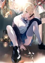 Rule 34 | 1girl, black footwear, black jacket, blonde hair, blue ribbon, blue skirt, breasts, collared shirt, commentary request, fingernails, green eyes, grin, hair bun, hammer, hand on floor, hand on own cheek, hand on own face, highres, holding, indoors, jacket, jacket partially removed, lamp, looking at viewer, miwano rag, nail, neck ribbon, on floor, open mouth, original, parted lips, pleated skirt, reflection, reflective floor, ribbon, school uniform, shade, shadow, shirt, shoes, short hair, side bun, sidelocks, single hair bun, single side bun, sitting, skirt, smile, solo, sunlight, teeth, thighhighs, thighs, weapon, white shirt, white thighhighs, wooden floor