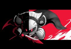 Rule 34 | cape, galaxia (sword), holding, holding sword, holding weapon, kirby (series), letterboxed, male focus, mask, meta knight, nintendo, red eyes, solo, suta (clusta), sword, weapon