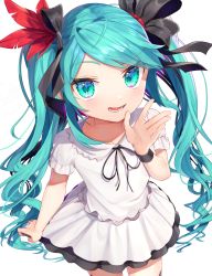 Rule 34 | 1girl, alternate costume, aqua eyes, aqua hair, arm up, black neckwear, black skirt, commentary, cowboy shot, dress, feather hair ornament, feathers, from above, gunjou row, hair ornament, hair ribbon, hatsune miku, highres, long hair, looking at viewer, lower teeth only, open mouth, ribbon, short sleeves, simple background, skirt, skirt hold, skirt under dress, solo, standing, supreme (module), teeth, two side up, very long hair, vocaloid, white background, white dress, world is mine (vocaloid), wrist cuffs