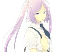 Rule 34 | 1girl, black necktie, bracelet, dress shirt, echo (circa), euryale (fate), fate/hollow ataraxia, fate (series), floating hair, jewelry, long hair, necktie, open mouth, parted bangs, pink hair, purple eyes, shirt, short sleeves, simple background, solo, stheno (fate), twintails, upper body, very long hair, white background, white shirt