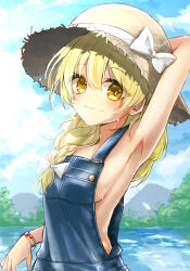 Rule 34 | 1girl, absurdres, alternate costume, arm behind head, armpits, blonde hair, blue overalls, blue sky, blush, bow, braid, breasts, bright pupils, brown hat, closed mouth, cloud, commentary request, day, hair between eyes, hair over shoulder, hat, hat bow, highres, kinese (katasutorohu), kirisame marisa, lake, long hair, looking at viewer, mountainous horizon, naked overalls, outdoors, overalls, sideboob, single braid, sky, small breasts, smile, solo, sun hat, sweat, touhou, upper body, white bow, white pupils, yellow eyes