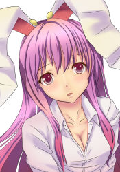 Rule 34 | 1girl, animal ears, bad id, bad pixiv id, breasts, breath, rabbit ears, cleavage, collarbone, face, female focus, highres, long hair, looking at viewer, medium breasts, miu (angelo whitechoc), open clothes, open shirt, purple eyes, purple hair, red eyes, reisen udongein inaba, shirt, solo, touhou, unbuttoned