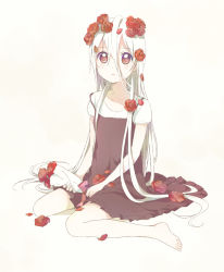 Rule 34 | 1girl, barefoot, bouquet, dress, flower, holding, long hair, namori, original, petals, red eyes, red flower, red rose, rose, rose petals, simple background, sitting, solo, wariza, white background, white hair