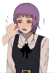Rule 34 | !, 1girl, 1other, chainsaw man, cheek pinching, commentary, dolphin cat, earrings, fami (chainsaw man), fourth east high school uniform, highres, jewelry, mole, mole under eye, mole under mouth, multiple moles, open mouth, pinching, pink eyes, pov, pov hands, purple hair, ringed eyes, school uniform, surprised, sweat, trembling, upper body