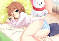 Rule 34 | 1girl, absurdres, ahoge, ass, bare legs, bear, bed, blue stripes, blush, brown hair, digital media player, eyes visible through hair, hair ribbon, half-closed eyes, highres, ipod, looking at viewer, lying, meipuru (megane-0088), on bed, on side, one eye closed, open mouth, original, panties, parted lips, pillow, pink shirt, polar bear, red scarf, ribbon, scarf, shirt, short hair, skirt, sleepy, solo, striped clothes, striped panties, stuffed animal, stuffed toy, thighs, underwear, unworn skirt