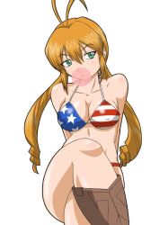 Rule 34 | 00s, 1girl, american flag bikini, bikini, blonde hair, boots, chewing gum, flag print, green eyes, crossed legs, monica adenauer, swimsuit, twintails, yakitate!! japan