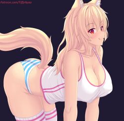 Rule 34 | 1girl, :q, animal ears, ass, bare arms, bare shoulders, blonde hair, blush, breasts, cat ears, cat girl, cat tail, cleavage, closed mouth, commentary, english commentary, highres, large breasts, long hair, looking at viewer, nottytiffy, original, panties, patreon username, red eyes, simple background, smile, solo, striped clothes, striped panties, tail, thighhighs, thighs, tiffy (nottytiffy), tongue, tongue out, underwear, white thighhighs