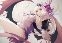 Rule 34 | 1girl, armor, breasts, camisole, dark jeanne, feather hair ornament, feathers, frills, gloves, granblue fantasy, feather hair ornament, hair ornament, long hair, looking at viewer, nido celisius, red eyes, shoulder armor, sideboob, smile, solo, white hair, wings