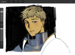 Rule 34 | 1boy, armor, art program in frame, blonde hair, blush, closed mouth, dungeon meshi, fishy (suhshie), highres, laios touden, looking at viewer, male focus, plate armor, portrait, screencap, short hair, sketch, solo, three quarter view