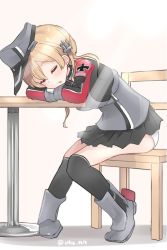 Rule 34 | 1girl, ahenn, anchor hair ornament, black legwear, black skirt, blush, boots, breasts, chair, closed eyes, cross, gloves, hair ornament, hat, iron cross, kantai collection, long hair, long sleeves, microskirt, open mouth, panties, peaked cap, pleated skirt, prinz eugen (kancolle), shadow, simple background, sitting, skirt, sleeping, solo, twintails, twitter username, underwear, white gloves, white panties