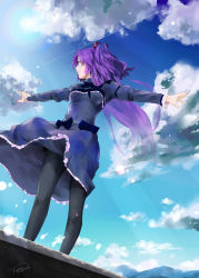 Rule 34 | 00s, 1girl, 2009, aircraft, airplane, alternate costume, arms up, bad id, bad pixiv id, breasts, clannad, cloud, contrail, day, dress, dutch angle, flying, from below, hair bobbles, hair ornament, ichinose kotomi, lens flare, light rays, long hair, looking afar, outstretched arms, pantyhose, purple hair, signature, sky, solo, sparkle, spread arms, sun, sunbeam, sunlight, thighband pantyhose, twintails, two side up, wind, wind lift, yuugen