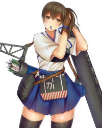 Rule 34 | 10s, 1girl, adjusting hair, arrow (projectile), brown eyes, brown hair, em s, gloves, highres, japanese clothes, kaga (kancolle), kantai collection, long hair, mouth hold, muneate, quiver, side ponytail, skirt, solo, tying hair