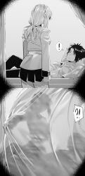 Rule 34 | !, !?, 1boy, 1girl, bed, faceless, faceless male, fate/grand order, fate (series), florence nightingale (fate), fujimaru ritsuka (male), girl on top, greyscale, highres, hxd, long sleeves, looking at another, military, military uniform, monochrome, multiple views, on bed, shirt, skirt, spoken exclamation mark, uniform