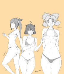 Rule 34 | 3girls, absurdres, ahoge, arms behind back, ass, bikini, black clover, blunt bangs, blush, breasts, cameltoe, character name, crossover, curvy, dungeon ni deai wo motomeru no wa machigatteiru darou ka, embarrassed, ergokami, feet out of frame, female focus, from side, g-string, grabbing, grabbing another&#039;s breast, grabbing own breast, hestia (danmachi), highleg, highleg swimsuit, highres, horns, large breasts, long hair, looking at viewer, medium breasts, micro bikini, midriff, multiple girls, naruto, naruto (series), naruto shippuuden, nero (black clover), parted bangs, partially colored, petite, ponytail, quad tails, short hair, sideboob, simple background, skimpy bikini, small breasts, smile, swimsuit, take your pick, temari (naruto), thong, thong bikini, twintails, wide hips, yellow background