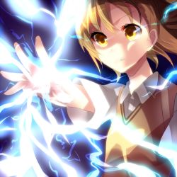 1girl bad_id bad_pixiv_id brown_eyes brown_hair electricity electrokinesis female_focus hazuki_mizuho misaka_mikoto school_uniform short_hair solo sweater_vest toaru_kagaku_no_railgun toaru_majutsu_no_index