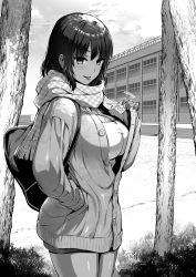Rule 34 | 1girl, :p, bag, blush, breasts, cardigan, cleavage, condom, condom wrapper, cowboy shot, greyscale, hand up, highres, holding, holding condom, kojima saya, large breasts, long sleeves, looking at viewer, monochrome, original, outdoors, scarf, school, school bag, school yard, shoulder bag, smile, solo, standing, tongue, tongue out