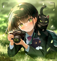 Rule 34 | 1girl, black cat, bow, bowtie, camera, cat, ear piercing, earrings, green eyes, green hair, green jacket, highres, holding, holding camera, jacket, jewelry, looking at viewer, lying, on grass, on stomach, original, piercing, pleated skirt, red bow, red bowtie, single-lens reflex camera, skirt, smile, solo, viewfinder, yukimaru nun