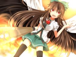 Rule 34 | 1girl, arm cannon, bad id, bad pixiv id, black thighhighs, black wings, bow, cape, female focus, hair bow, long hair, open mouth, puffy sleeves, red eyes, reiuji utsuho, short sleeves, solo, thighhighs, third eye, touhou, very long hair, weapon, wings, yarawi