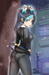 Rule 34 | 1girl, aqua hair, ass, black hair, blue eyes, blue hair, blush, breasts, earrings, flower, formal, from behind, hair flower, hair ornament, hairclip, jewelry, lily (flower), long hair, looking at viewer, looking back, matching hair/eyes, multicolored hair, one-punch man, pants, pantylines, ponytail, sansetsukon no lily, sideboob, solo, staff, streaked hair, suit, the golden smurf, three-section staff, tight clothes, tight pants, two-tone hair, weapon