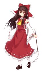 Rule 34 | 1girl, absurdres, bow, brown hair, dress, female focus, full body, gohei, hair bow, hair tubes, hakurei reimu, highres, long hair, magicxiang, red dress, red eyes, solo, touhou, transparent background, white background