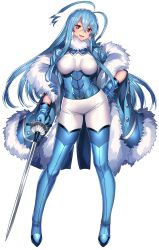 Rule 34 | 1girl, altaria, antenna hair, bad id, bad twitter id, blue eyes, blue gloves, blue hair, blue legwear, coat, creatures (company), female focus, framed breasts, full body, fur coat, fur trim, game freak, gen 3 pokemon, gloves, highres, katagiri hachigou, looking at viewer, matching hair/eyes, nintendo, open mouth, personification, pokemon, rapier, simple background, solo, standing, sword, weapon, white background