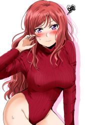 Rule 34 | 1girl, aged up, alternate hair length, alternate hairstyle, blush, commentary request, covered erect nipples, heattech leotard, highleg, highleg leotard, highres, leotard, long hair, looking at viewer, love live!, love live! school idol project, meme attire, nishikino maki, purple eyes, red hair, red leotard, ribbed leotard, shogo (4274732), simple background, solo, squiggle, striped clothes, striped leotard, turtleneck, white background