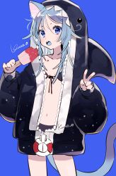 Rule 34 | 1girl, animal ears, bikini, blue background, blue eyes, blue hair, breasts, cat ears, cat tail, food, highres, holding, holding food, hood, hooded jacket, jacket, jikuno, long hair, navel, open clothes, open jacket, open mouth, original, petite, simple background, small breasts, solo, swimsuit, tail, v