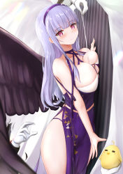 Rule 34 | 1girl, amano kusatsu, azur lane, black wings, blush, breasts, closed mouth, dido (anxious bisque doll) (azur lane), dido (azur lane), dress, hairband, highres, large breasts, long hair, manjuu (azur lane), purple dress, purple eyes, purple hair, simple background, smile, solo, standing, thighs, wings