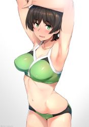 Rule 34 | 1girl, ahoge, armpits, arms up, belly, blush, breasts, brown hair, buruma, devilman, devilman crybaby, eyebrows, green eyes, kurowa, looking at viewer, makimura miki, medium breasts, navel, open mouth, short hair, shorts, simple background, smile, solo, stomach, white background