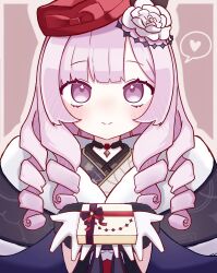 Rule 34 | 1girl, black collar, blue kimono, blunt bangs, blush, border, bow, box, closed mouth, collar, commentary request, drill hair, eyelashes, flower, fur-trimmed gloves, fur trim, gift, gift box, gift wrapping, gloves, grey border, hair flower, hair ornament, hat, hat bow, heart, highres, holding, holding box, holding gift, hyakumantenbara salome, hyakumantenbara salome (3rd costume), incoming gift, japanese clothes, kimono, long hair, looking at viewer, mini hat, nijisanji, official alternate costume, outline, outside border, outstretched hand, presenting, purple background, purple eyes, purple hair, purple ribbon, quad drills, red bow, red hat, red ribbon, ribbon, rose, smile, solo, speech bubble, spoken heart, straight-on, swept bangs, upper body, valentine, virtual youtuber, white flower, white gloves, white rose, zange (1000000lomete )