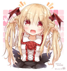 Rule 34 | 10s, 1girl, 2017, :d, alternate hairstyle, anzu ame, artist name, blonde hair, blush, bunching hair, dated, fang, flower, granblue fantasy, hair between eyes, head wings, long hair, looking at viewer, open mouth, red eyes, rose, shingeki no bahamut, signature, smile, solo, translation request, twintails, twintails day, twitter username, upper body, vampy, wings