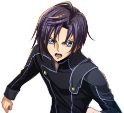 Rule 34 | 1boy, artist request, black hair, black shirt, blue eyes, code geass, code geass: lost stories, long sleeves, looking at viewer, male focus, mario disel, non-web source, official art, open mouth, order of the black knights uniform, shirt, short hair, sidelocks, simple background, solo, standing, teeth, transparent background, upper body, v-shaped eyebrows