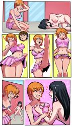 Rule 34 | !, 1boy, 27lsd, 2girls, ?, absurdres, black hair, blush, body switch, bouncing breasts, breasts, brown hair, clitoris, comic, glasses, grabbing, grabbing another&#039;s breast, grabbing own breast, highres, jumping, kill la kill, kiryuuin satsuki, large breasts, long hair, multiple girls, nami (one piece), naughty face, navel, nipples, no panties, nude, one piece, orange hair, personality switch, pervert, pussy, short hair, skirt, sleeping, sparkle, tagme, thick thighs, thighs, upskirt, waking up, yuri