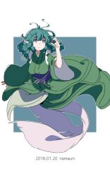 Rule 34 | 1girl, ahoge, artist name, blue eyes, blue hair, closed mouth, dated, fins, green kimono, head fins, highres, holding, japanese clothes, kimono, long sleeves, mermaid, monster girl, namauni, obi, one-hour drawing challenge, sash, short hair, solo, touhou, wakasagihime, wide sleeves