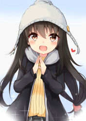 Rule 34 | 1girl, :d, beanie, black hair, black jacket, blue background, blush, brown eyes, brown shirt, gradient background, grey hat, hair between eyes, hands up, hat, hatsushimo (kancolle), heart, highres, hood, hood down, hooded jacket, jacket, kantai collection, long hair, long sleeves, looking at viewer, open clothes, open jacket, open mouth, ribbed shirt, shirt, smile, solo, sou (soutennkouchi), steepled fingers, very long hair, white background