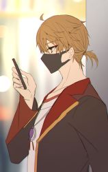Rule 34 | 1boy, ahoge, black jacket, blurry, blurry background, brown eyes, brown hair, cellphone, collarbone, depth of field, from side, fushimi gaku, hair between eyes, hand up, holding, holding phone, jacket, long sleeves, low ponytail, male focus, mask, mole, mole under eye, mouth mask, nijisanji, open clothes, open jacket, phone, ponytail, profile, shikino yuki, shirt, solo, upper body, virtual youtuber, white shirt
