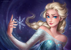 Rule 34 | 2015, amelion, artist name, bare shoulders, blue eyes, braid, collarbone, dated, dress, elsa (frozen), frozen (disney), hand up, long hair, long sleeves, parted lips, portrait, see-through, single braid, snowflakes, solo, watermark, web address