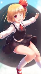 Rule 34 | 1girl, ;d, black skirt, black vest, blonde hair, commentary request, frilled shirt collar, frills, hair ribbon, highres, long sleeves, looking at viewer, lzh, mary janes, midriff peek, navel, one eye closed, open mouth, outstretched arms, red eyes, red footwear, red neckwear, red ribbon, ribbon, rumia, shirt, shoes, short hair, skirt, skirt set, smile, socks, solo, spread arms, thighs, touhou, vest, white shirt, white socks