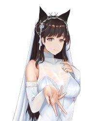 Rule 34 | 1girl, animal ears, atago (azur lane), atago (lily-white vow) (azur lane), azur lane, breasts, bridal veil, brown hair, closed mouth, cozie178, dress, fingernails, hand on breast, highres, long hair, looking at viewer, medium breasts, mole, mole under eye, official alternate costume, smile, solo, veil, wedding dress, white background, white dress, yellow eyes
